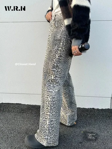 Imagen 2 del producto Pantalones vaqueros finos lavados con estampado de leopardo Vintage americano para mujer, pantalones vaqueros informales de estilo neutro, Pantalones rectos de cintura alta