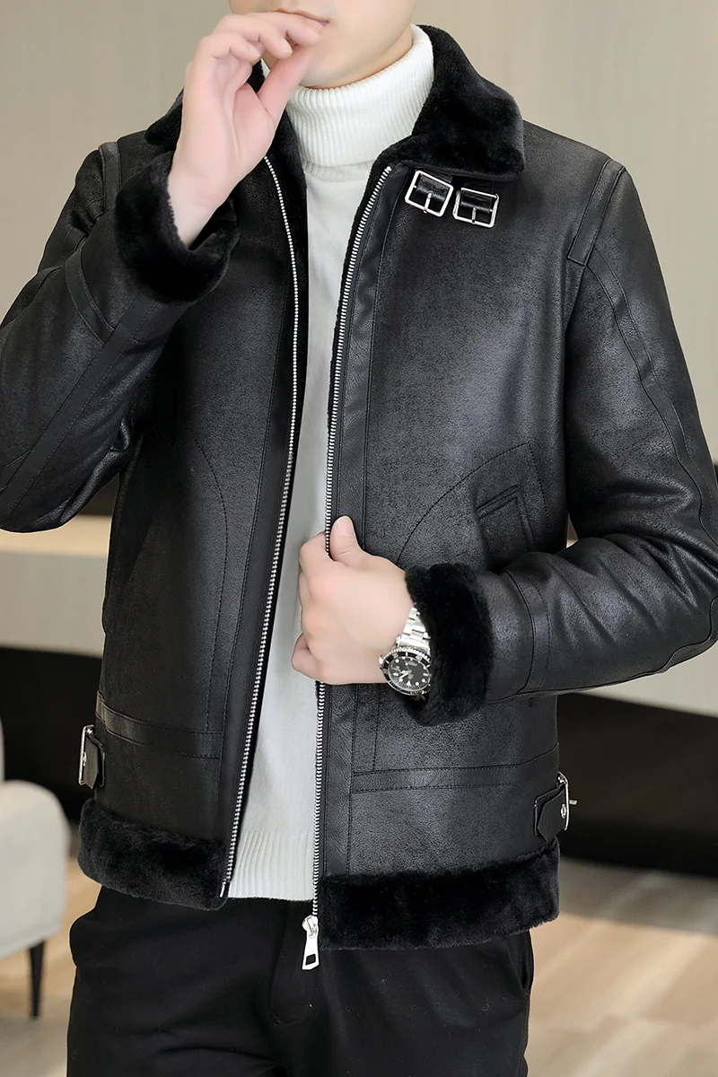 British Style Winter Motorcycle Leather Jacket for Men Plus Velvet Padded Warm PU Leather Jacket Casual Business Overcoat M-3XL