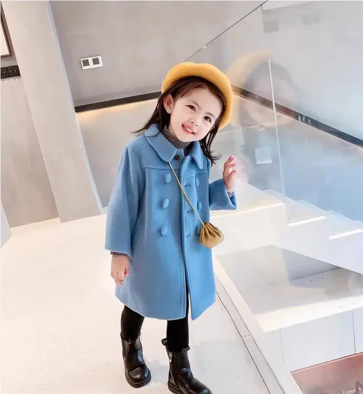 Children Medium Long Woolen Cotton Coat 2024 Winter Girl Baby Korean Thickened Warm Casual Jacket Turn Down Collar