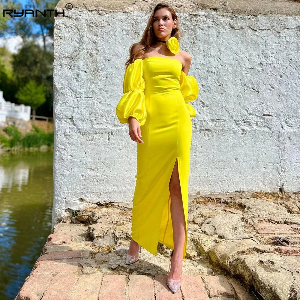 

Ryanth Puff Sleeve Prom Dresses Women Summer Holiday Dress Yellow Long High Slit Evening Gowns Backless vestidos para mujer