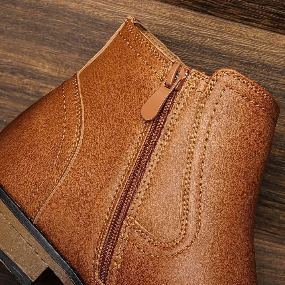 Men's Boots Tan Finish Boots For Man High Top Style Mens Boots Men's Ankle Boots Cap Toe Low Block Heel Dress Boots