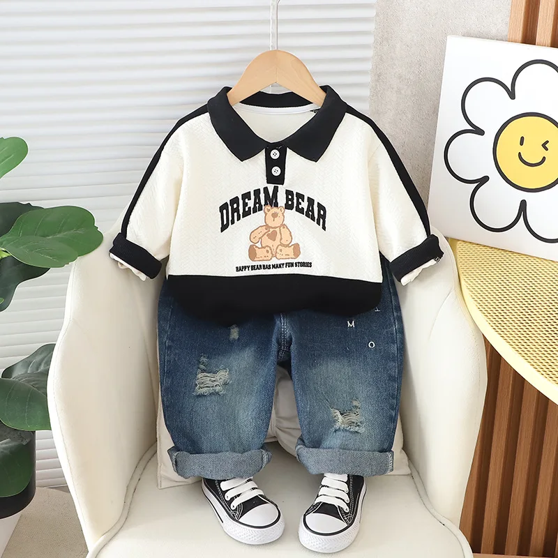 

Baby Boy Outfit Set 2024 Spring Boys Clothes 4 To 5 Years Old Casual Cartoon Turn-down Colloar T-shirts and Pants Childrens Suit