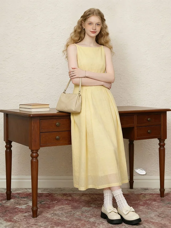 

ZhuoZhi Summer Yellow Long Dress Women's Sleeveless Pleated Waist Cinched Drifting Simple Elegant Style Casual A-Line Dress