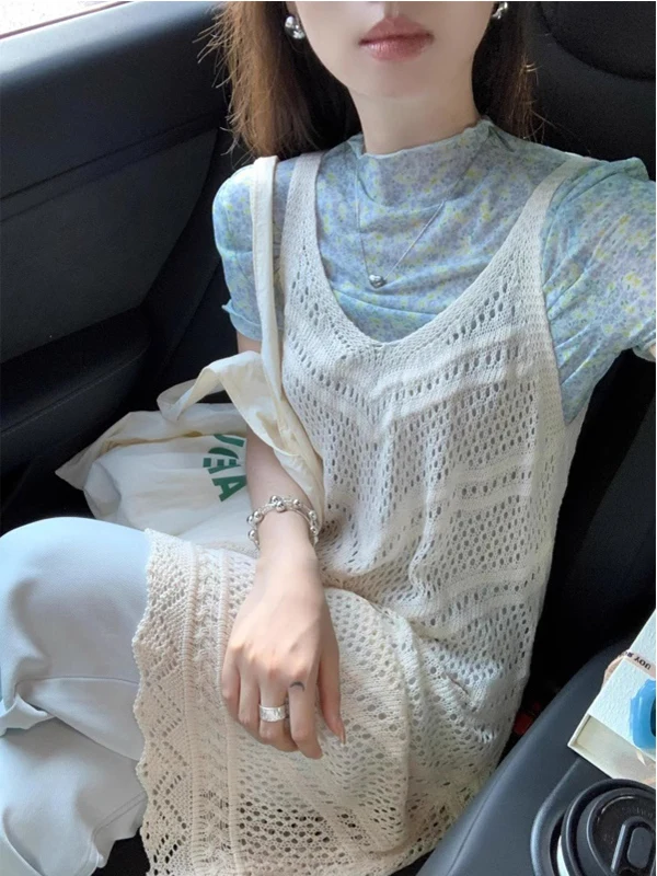 Summer 2025 Women's Fashionable Knitted Hollow out Strap Dress Midi Length Sun Protection Cover up High Waist A-Line Skirt