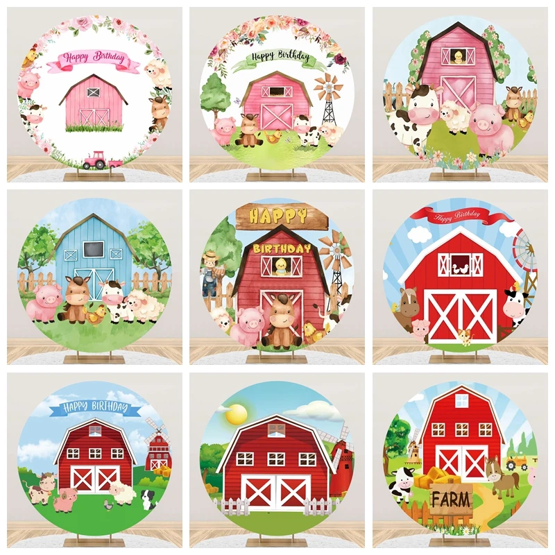 

Cartoon Rural Farm Round Backdrop Barn Animal Windmill Baby Birthday Circle Background Photographic Kids Portrait Photo Studio