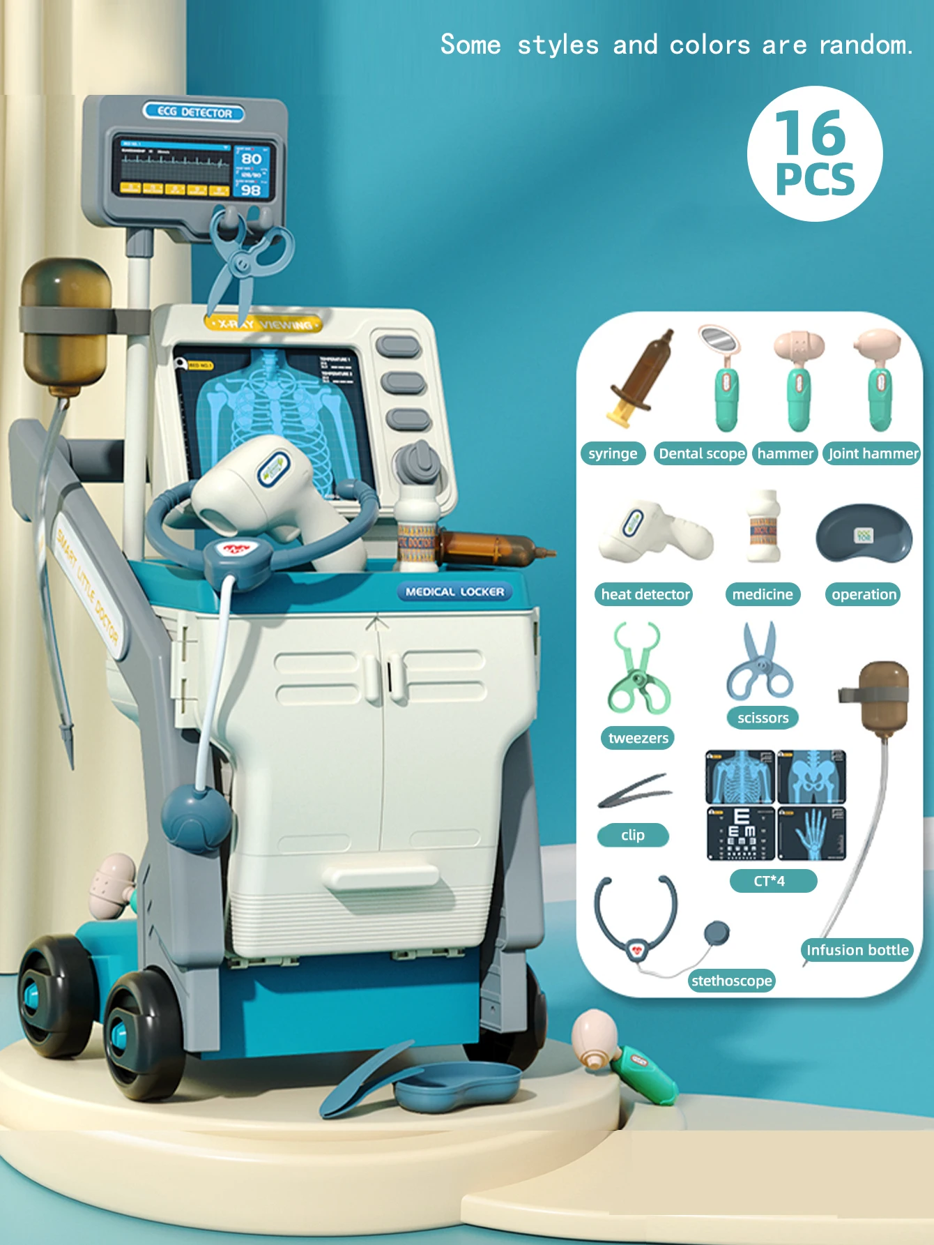 Kids Pretend Play Simulated Hospital Medical Trolley Toy, 16‑Piece Sound‑Effect Medical Tool Set.