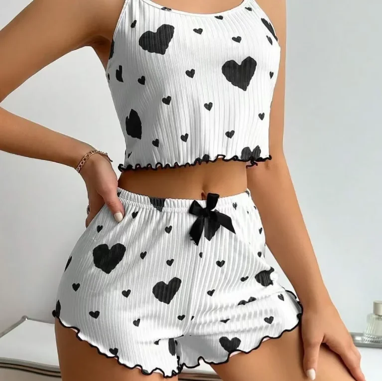 Summer Women's Home 2-Piece Set with Heart-Shaped Printed Round Neck Camisole Top, High Waist Slim Fit Pleated Shorts Set