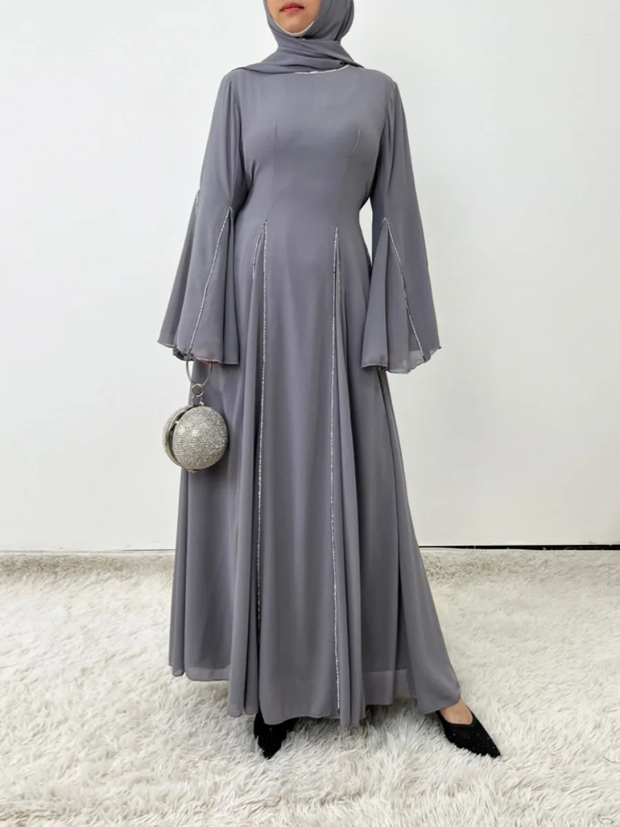 Eid Abito da donna Musulmano in chiffon Abaya Manica svasata Party Jalabiya Ramadan Abiti Largos Caftano Arabo Abito lungo Marocco Caftano