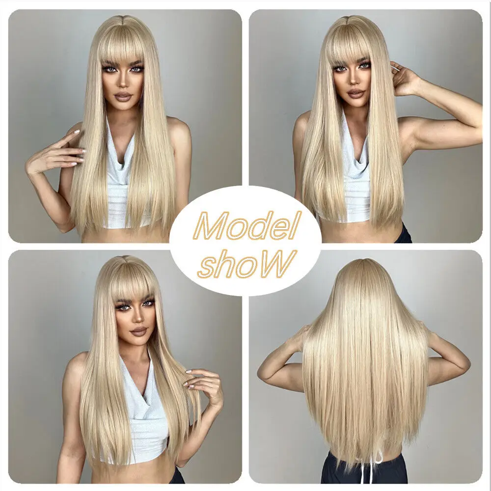 Cosplay Party Wigs With Bangs Bleach blonde Synthetic Hair Long Straight