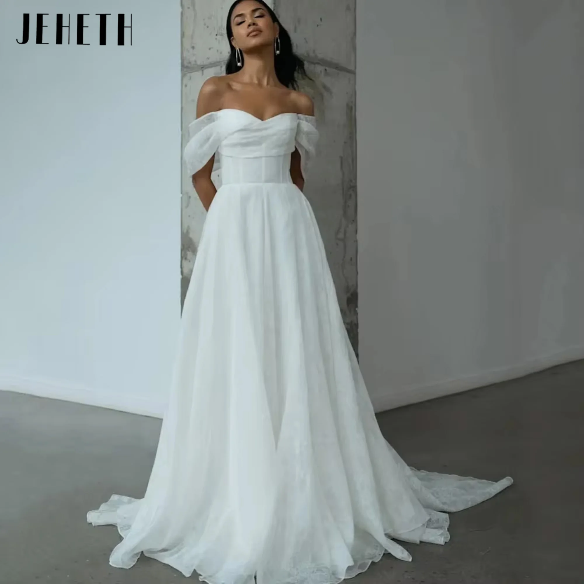 

JEHETH A-Line Simple Wedding Dress Sweetheart Neck Bride Dress Off Shoulder Tulle Illusion Gown 2025 Vestido De Novia Customized