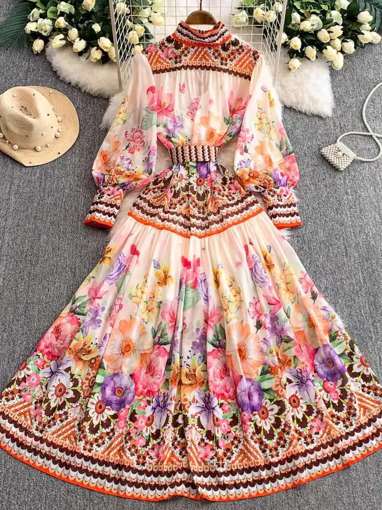 Elegante Blumen Maxi Chiffon Kleider Hemd Frauen Sommer Herbst Laterne Langarm Druck Vestidos Einreiher 2-teiliges Set