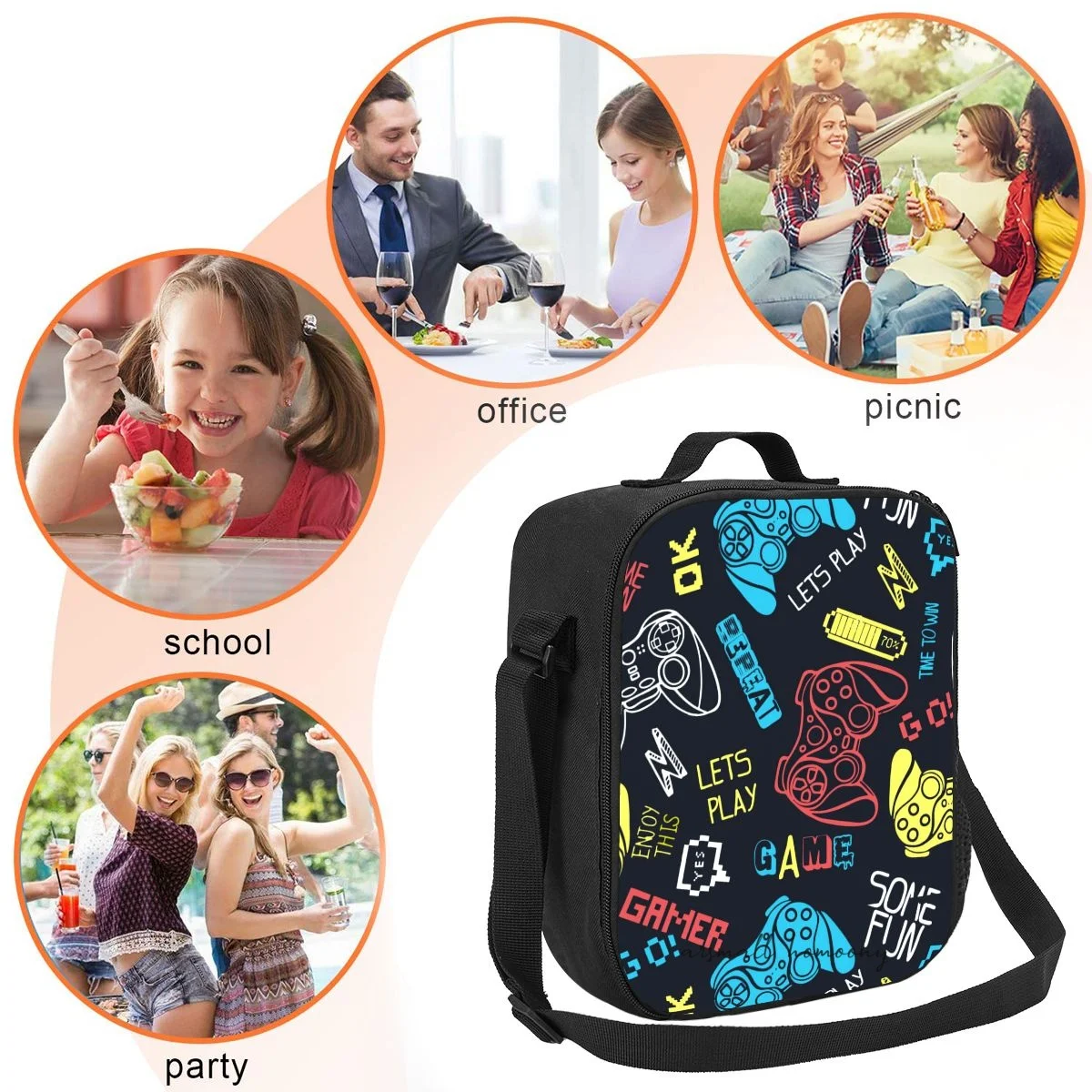 Colorful Joystick Game Lunch Bag for Women Portable Thermal Insulated Lunch Box Picnic Multifunction Food Tote