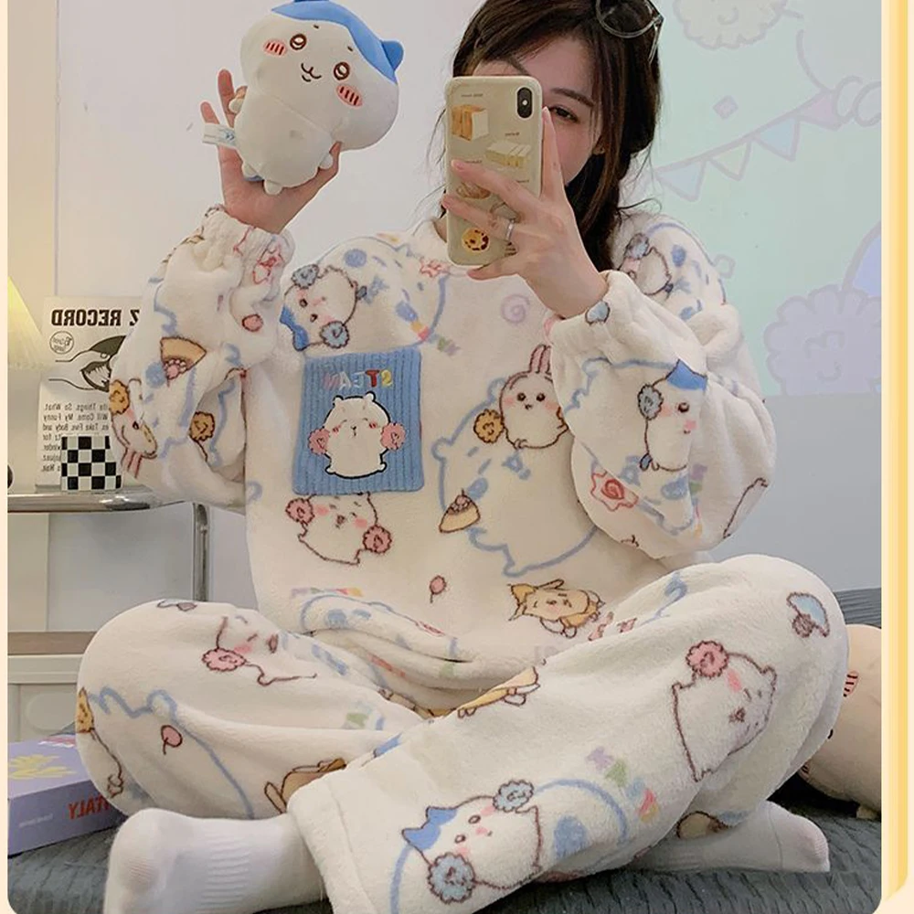 

Anime Chiikawa Winter Plush Pajamas Suit Kawaii Women Warm Soft 2Pcs Flannel Loungewear Set Girls Long Sleeves Pants Homewear