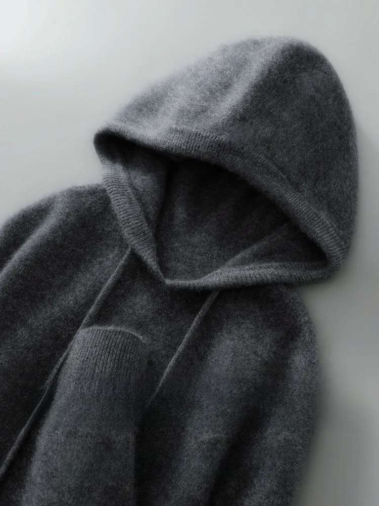 

Мужской вязаный свитер из 100% шерсти, повседневный, свободного кроя, с капюшоном, теплый, комфортный, осенне-зимний, новинка