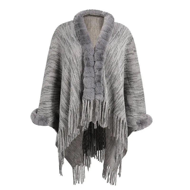 Poncho tricoté haut de gamme pour femme, col en laine, châle pompon, capes pour femme, gris, Everaks, chaud, à la mode, automne, hiver, 216.239.