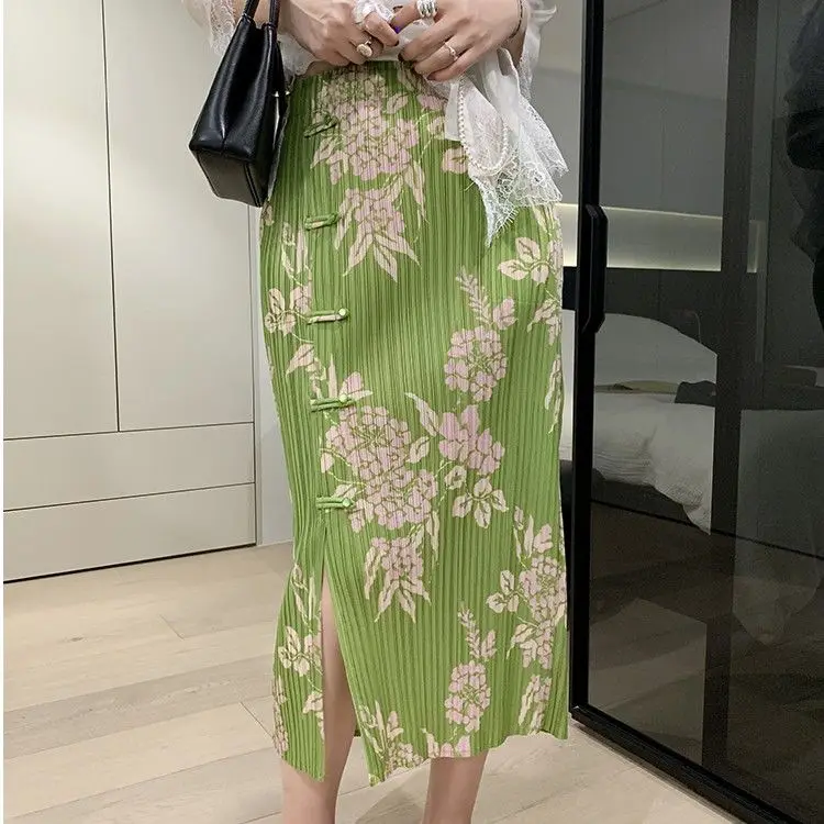 Original Design Pleated Chinese Style Buckle Half Skirt 2024 Printed Pleated Skirt with Hip Opening and Summer Skirt