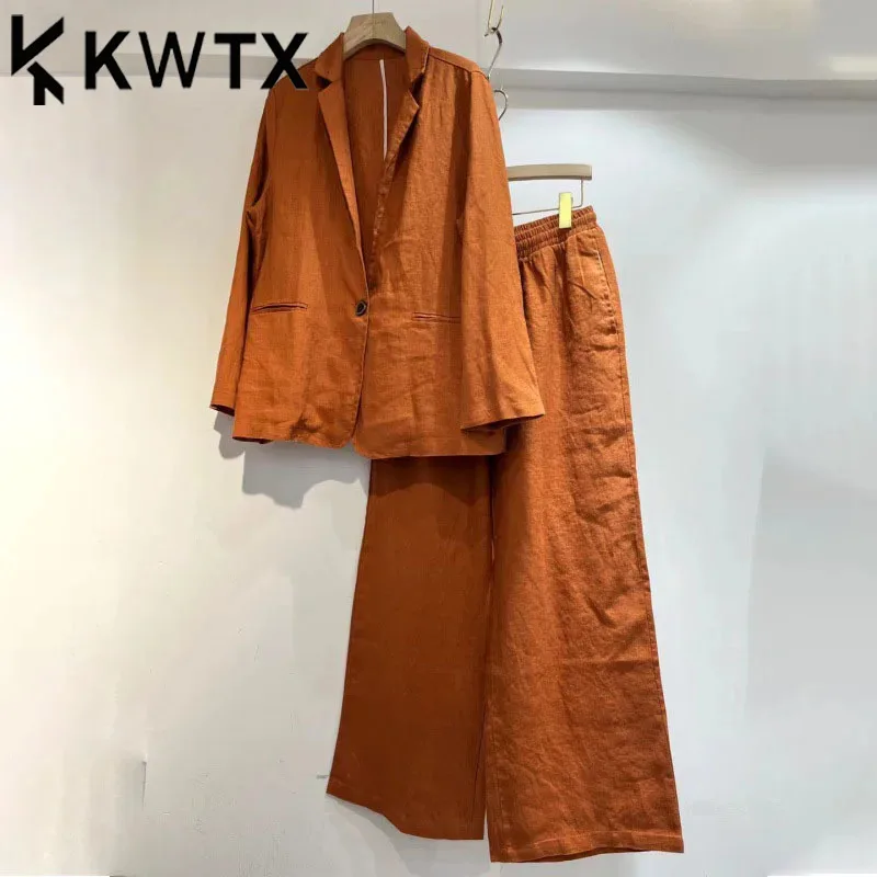

KWTX Pants Sets Solid Color Linen Fashion Versatile Blazer New Simple Elegant Slimming Casual Suit