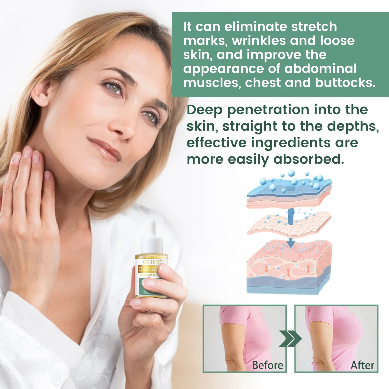 30 ml ätherisches Kollagenöl, nährendes, feuchtigkeitsspendendes, straffendes und aufhellendes Gesäßessenz-Pflegeöl nach der Rasur