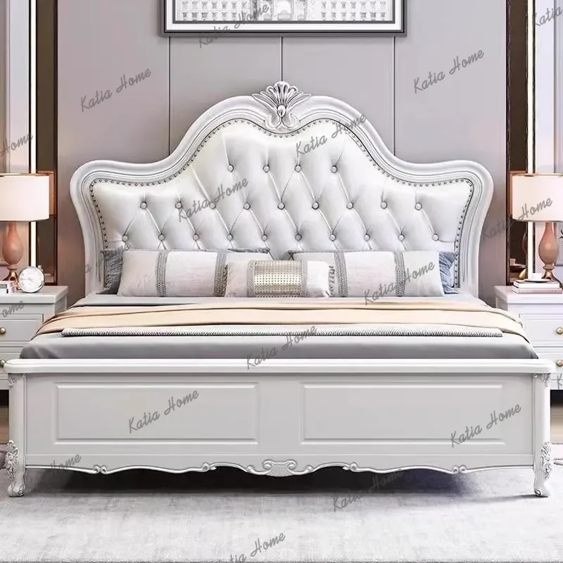Wooden European Double Bed Frame White Wooden Luxury Mattress Queen Double Bed Full Size Storage Camas
