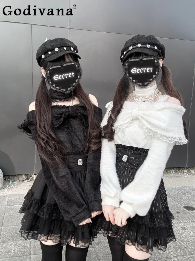 الأصلي اليابانية الألغام ثقافة فرعية خارج الكتف سترة تنورة مجموعة الخريف 2025 الفتيات الحلو كبير القوس الدانتيل اللؤلؤ تنورة علوية للنساء