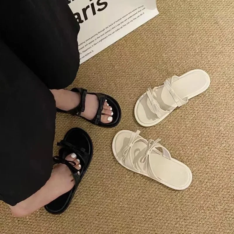 Zapatillas con lazo para mujer, zapatos planos con punta abierta, informales, Sandalias cómodas, zapatillas de verano, 2024