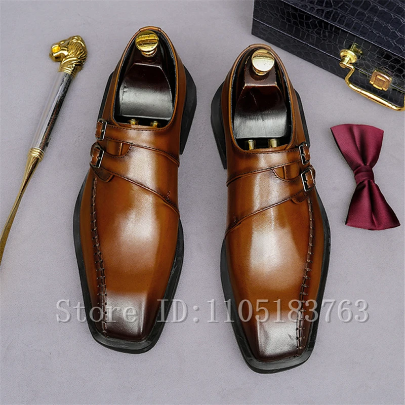 Men's Luxury Double Monk Strap Dress Shoes Genuine Leather Square Toe Formal Business Wedding Party Oxford Shoes