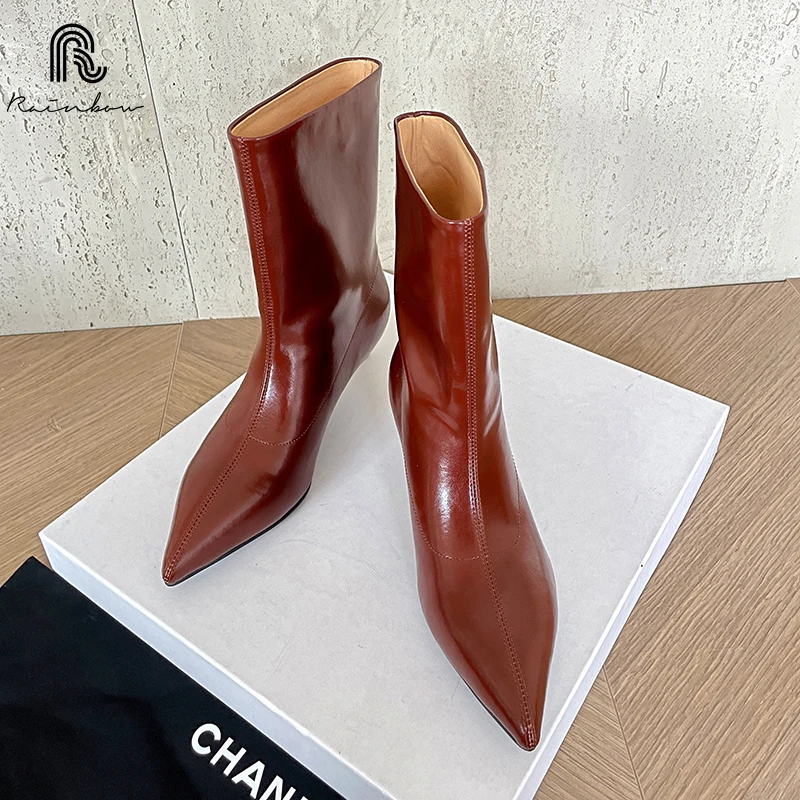 

RAINBOW Size 33-40 Women Ankle Boots Real Leather Kitten Mid Heels Shoes 2025 Winter Ins Fashion Pointy Office Lady Daily Dress