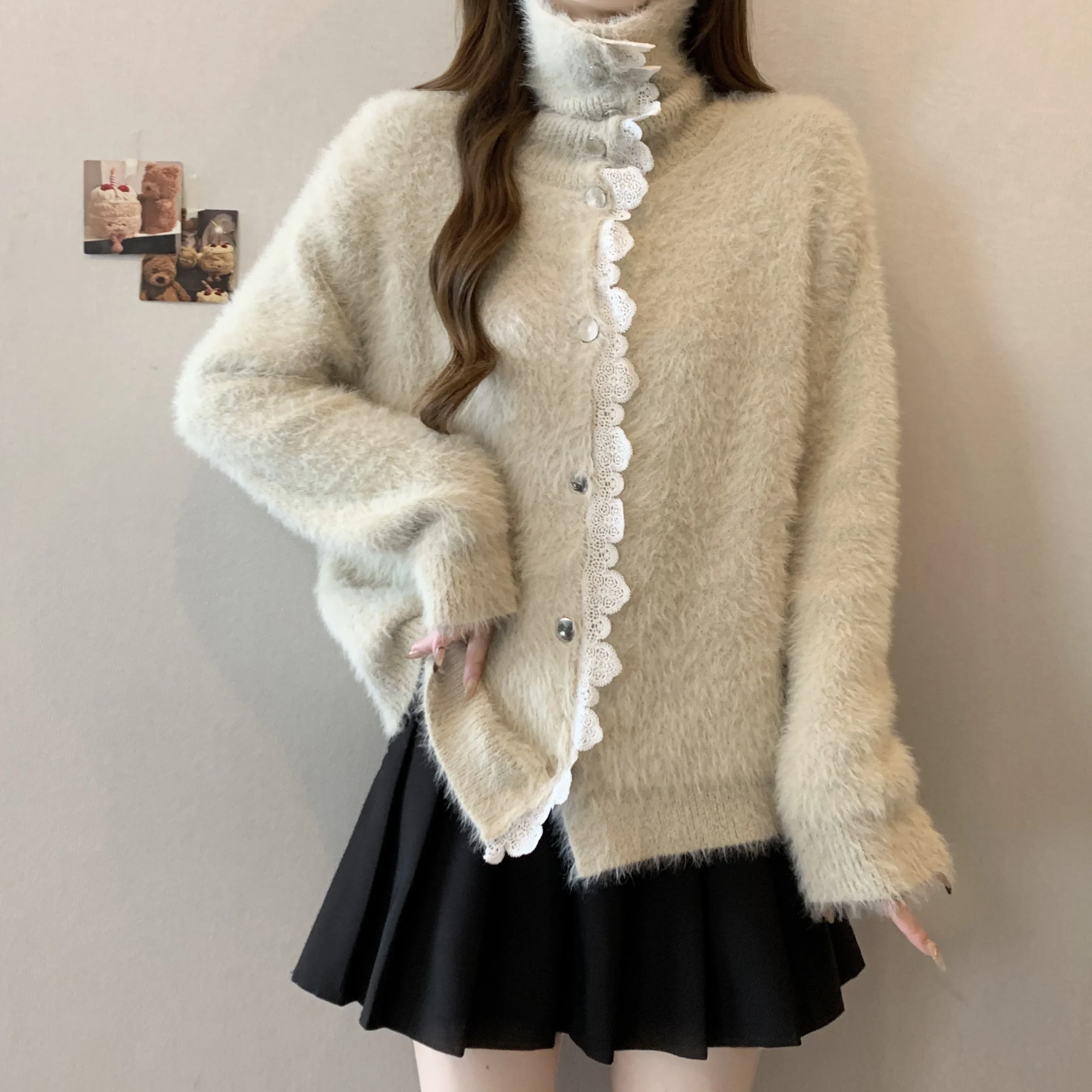 2024 Autumn/winter High-end Advanced Temperature Plus Size Women's Long-sleeved Imitation Mink Velvet Splicing Lace Sweater Tops