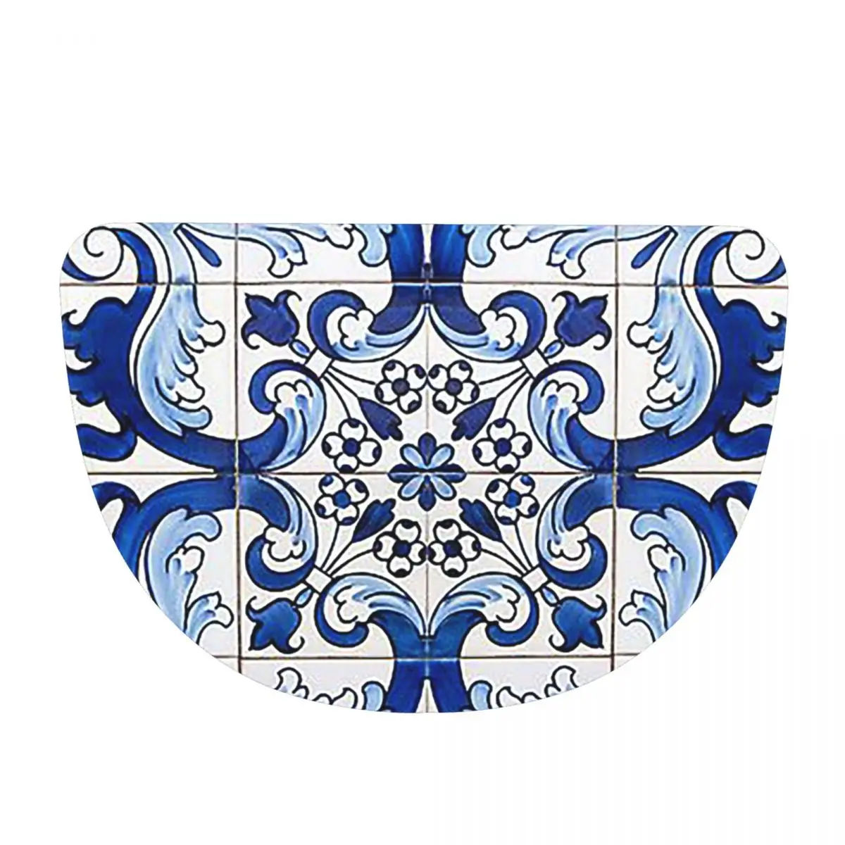 Antique Classic Lisbon Blue Azulejo Tile Floral Soft Flannel Half Round Doormat Non Slip Bathroom Mat Absorbent Floor Carpet