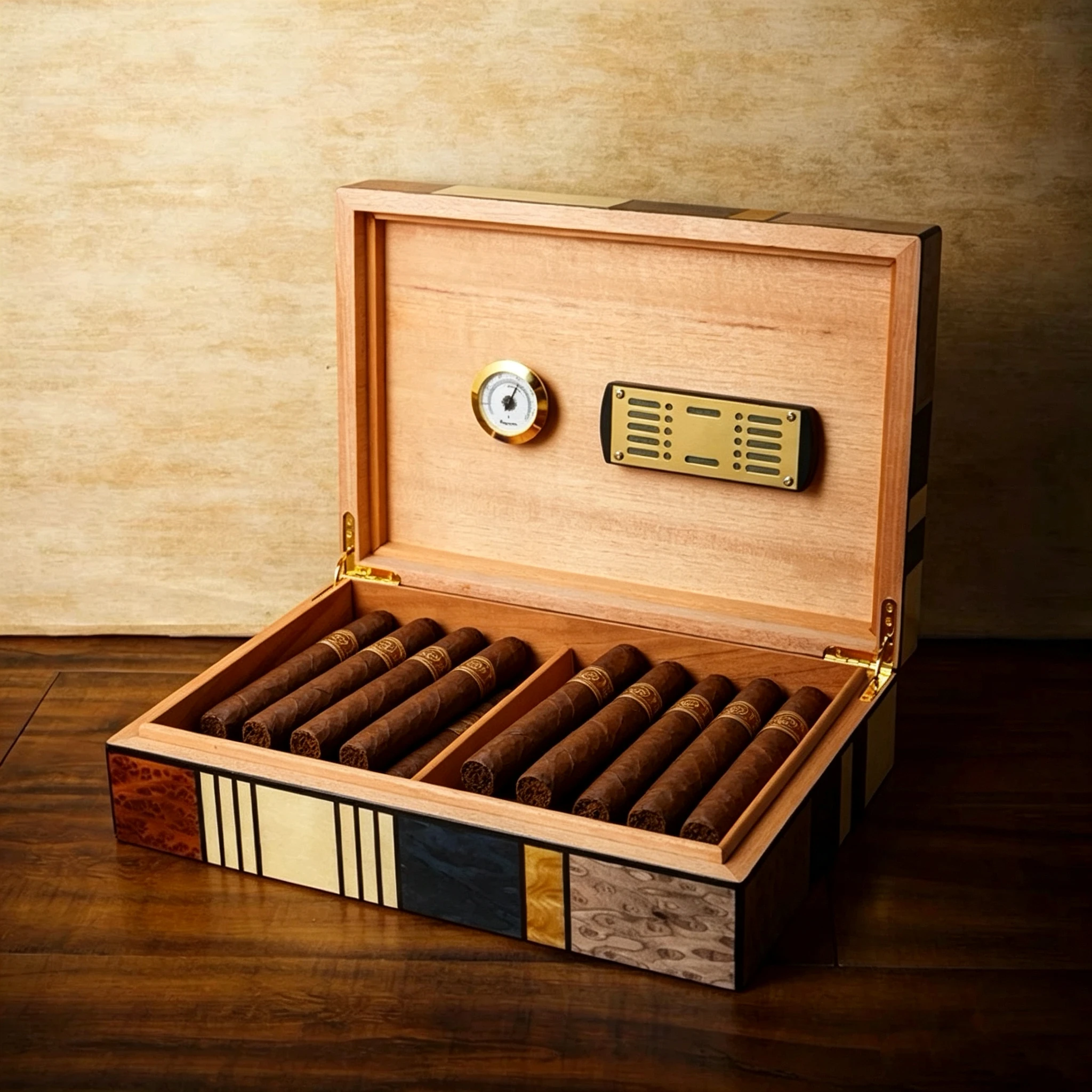 Artistic Floral Pattern Cedar Cigar Box, Equipped With Bottom Anti Slip Pad And Humidifier Hygrometer.