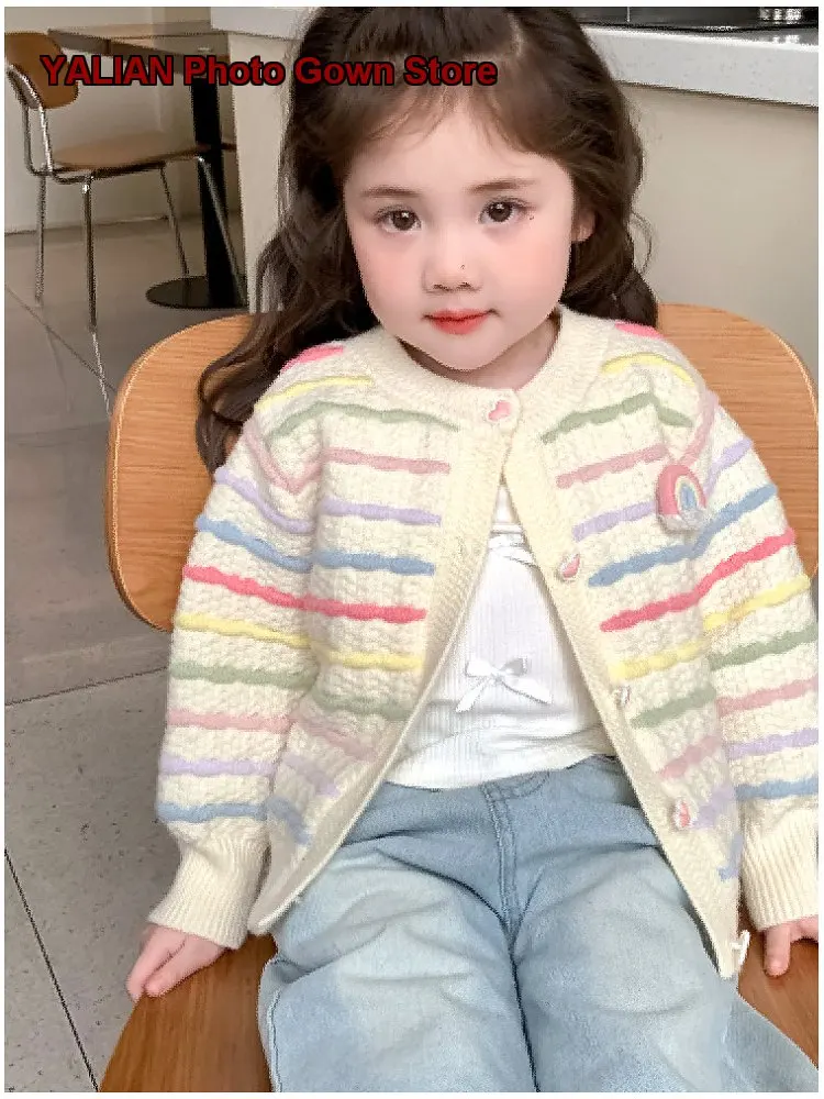 Girls Knit Cardigan 2025 Spring Rainbow Striped Casual Coat for Young Girls in Spring and Autumn