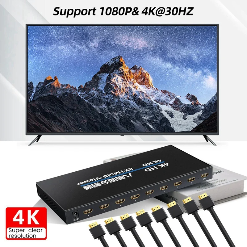4K -Compatible 8X1 Quad Multi-Viewer Screen Divider Seamless Switching Multi-Screen Display Video Splitter US Plug-A23U