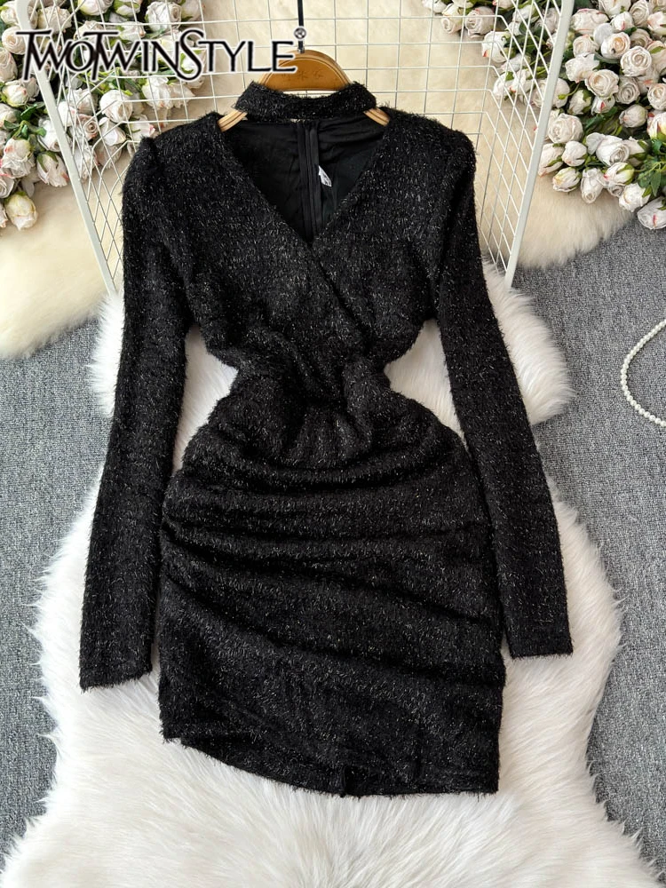 

TWOTWINSTYLE Solid Elegant Mini Dress for Women V Neck Long Sleeve High Waist Sexy Slimming Dress Female Fashion New KDR522408