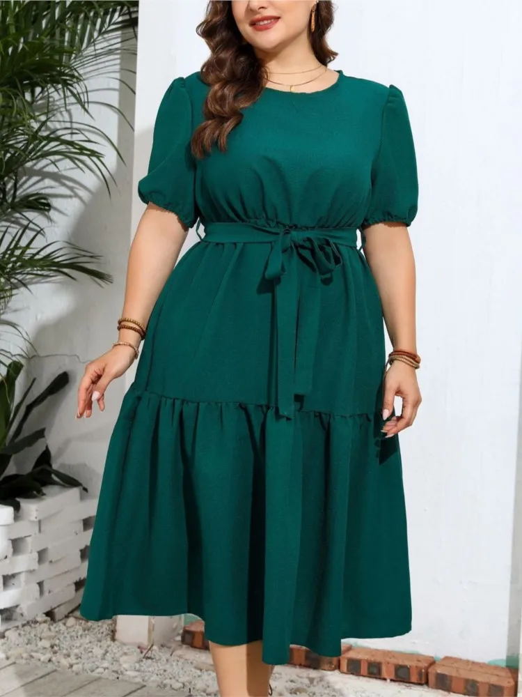 Plus Size Summer Midi Dress Women Short Sleeve Fashion Casual Loose Ruffle Pleated Ladies Dresses Elegant Woman Dress