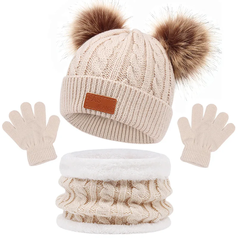 Winter Children's Scarf Hat Three-Piece Set with Pom-Pom Baby Infant Knitted Hat Warm Wool Thickened