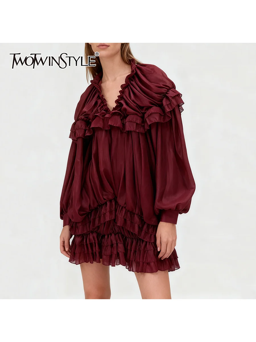 TWOTWINSTYLE الصلبة فضفاض تقسم الكشكشة طيات فساتين غير رسمية للنساء الخامس الرقبة طويلة الأكمام فساتين راقية الملابس النسائية جديد