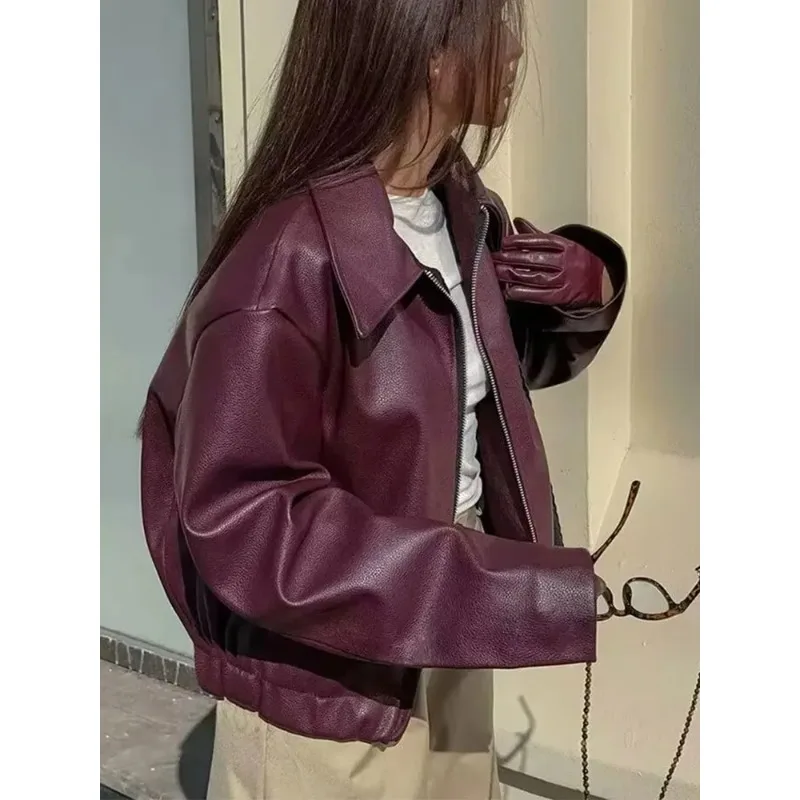 الخريف الشتاء الشارع الشهير السيدات بلايز النساء 2025 النبيذ الأحمر فو الجلود سترة موضة ملابس خارجية رشاقته سستة التلبيب بولي Coats معاطف #4