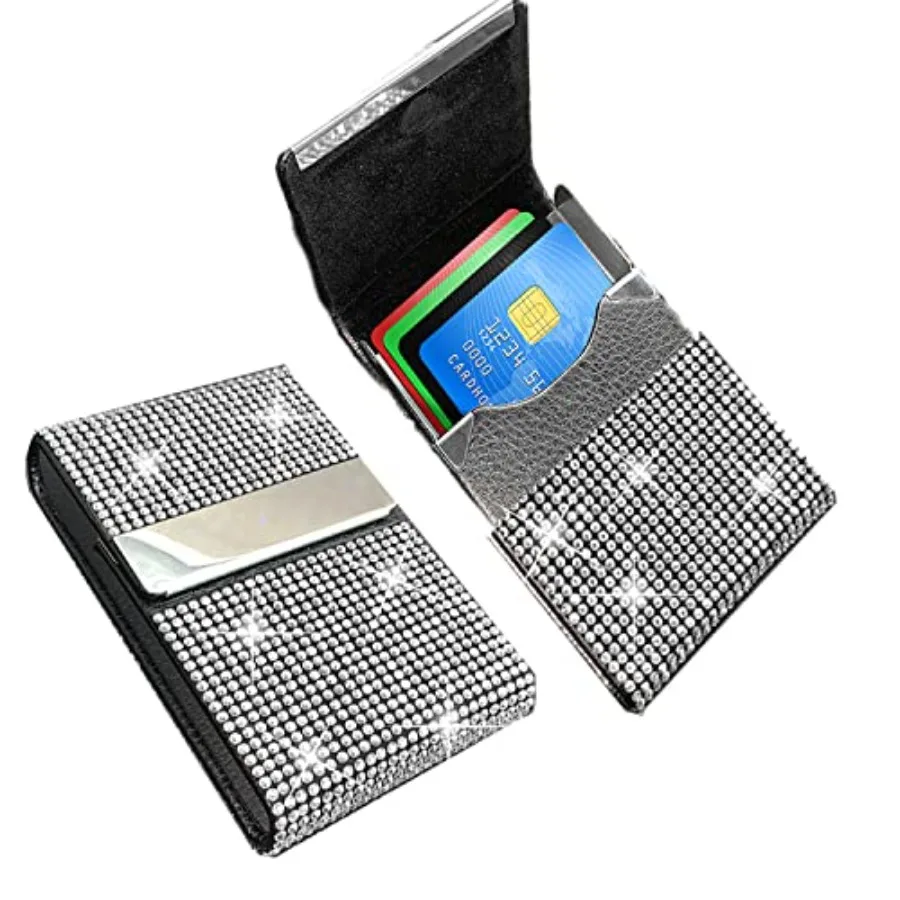 حامل بطاقات العمل اللامعة من جلد البولي يوريثان مع وعاء معدني بأحجار الراين الماسية الكريستالية مع إغلاق مغناطيسي