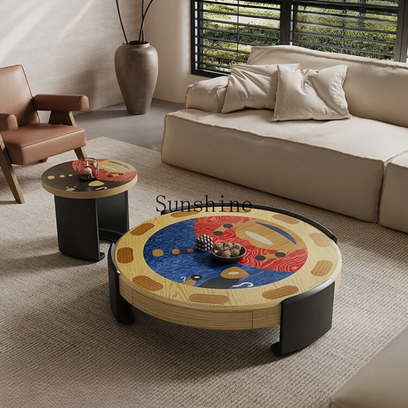 

Medieval style living room household round coffee table combination natural veneer tea table
