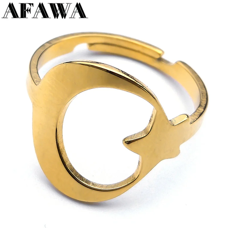 

Muslim Persian Crescent Moon Star Amulet Ring for Women Men Stainless Steel Gold Color Islamic Adjustable Rings Jewelry
