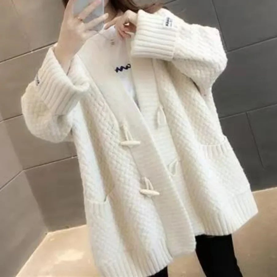 

Loose Fit V-Neck Long Sleeve Solid Color Women's Top Loose Knitted Sweater Mid-Length Open Cardigan Korean Style Casual