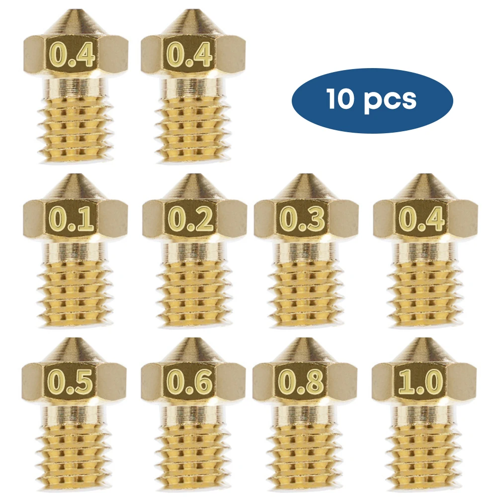 10 pcs E3D V6 Brass Nozzle 0.2/0.3/0.4/0.5/0.6/0.8/1.0 M6 Threaded Copper For 1.75 Filament V5 V6 Hotend 3D Printer Accessories