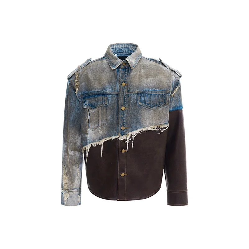 

Men's Fashion High Street Destroyed Jeans Jacket With Leather Patchwork Streetwear Ripped Vintage Denim Coat Jeans Outerwear