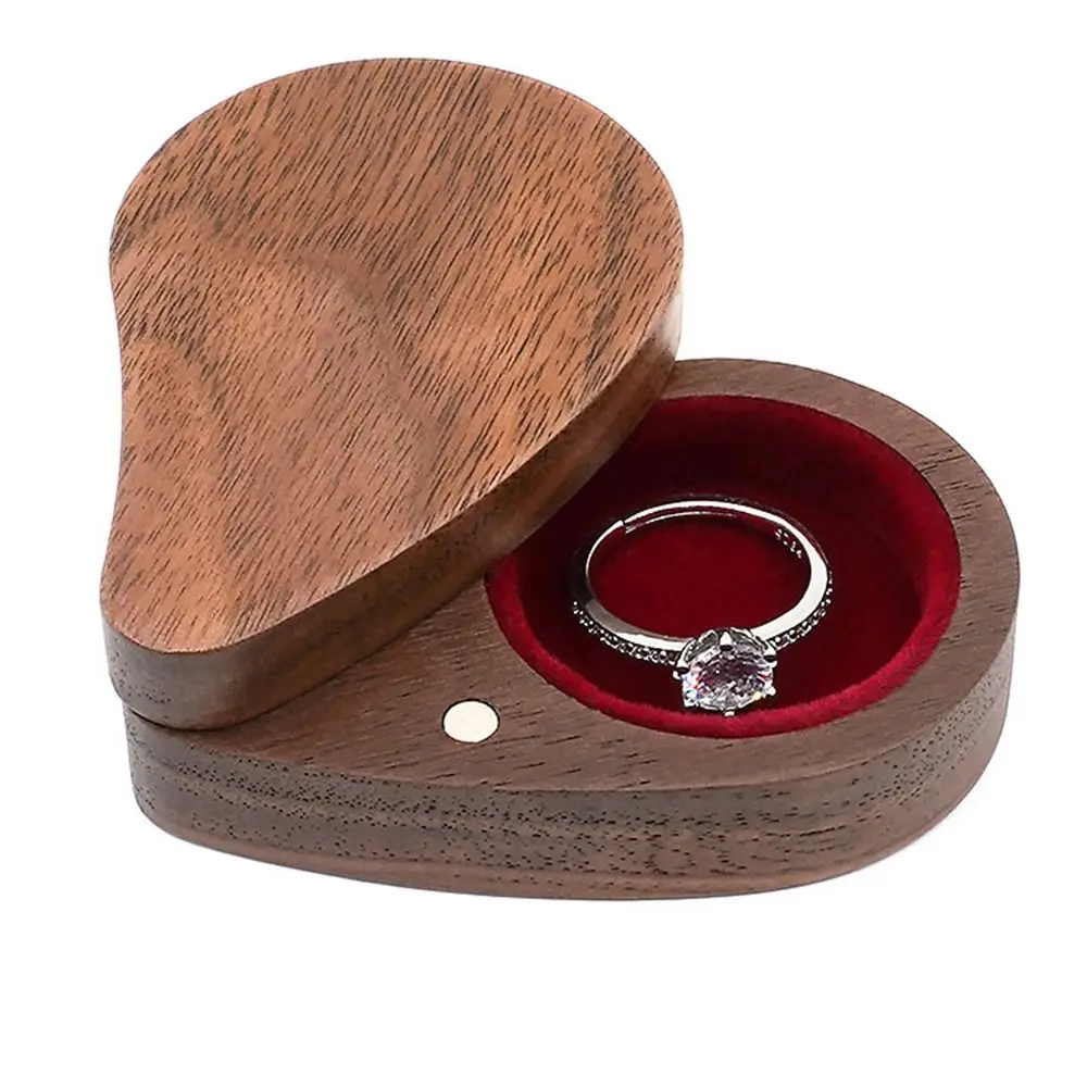 Walnut Wood Engagement Ring Box Heart Shape Magnetic Cover Wooden Jewelry Box Durable Portable Earring Storage Box Anniversary