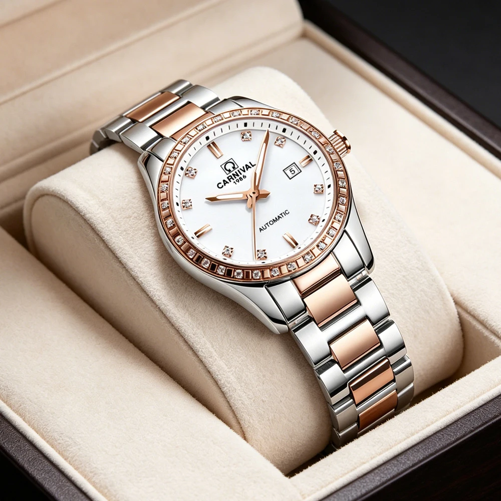 CARNIVAL Fashion Casual Ladies Automatic Mechanical Watches Luminous Waterproof Stainless Steel Strap Diamond Watch 8685