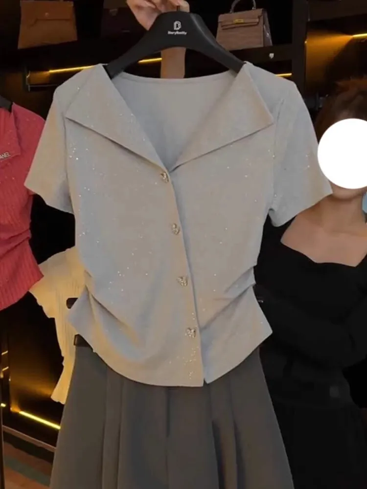 

Slim Fit ort Sve T-irt V-Ne Asymmetrical oulder Retro Sle Korean Faion Summer New Arrival Casual Wear