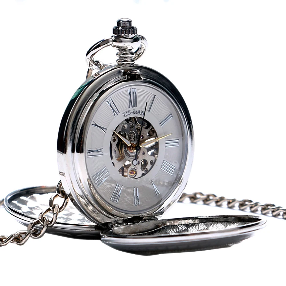 Antique Style Steam Train Men's Mechanical Hand Winding Pocket Watch Double Hunter Silver/Bronze Fob Chain Pendant Clock Gift