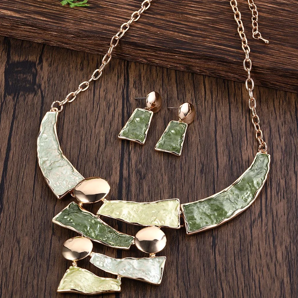 MeiceM Multi Color Jewelry Set Zinc Alloy Geometric Fashion Elegant Women\'s Enamel Necklace Earring Set Mother\'s Day Gift 2024