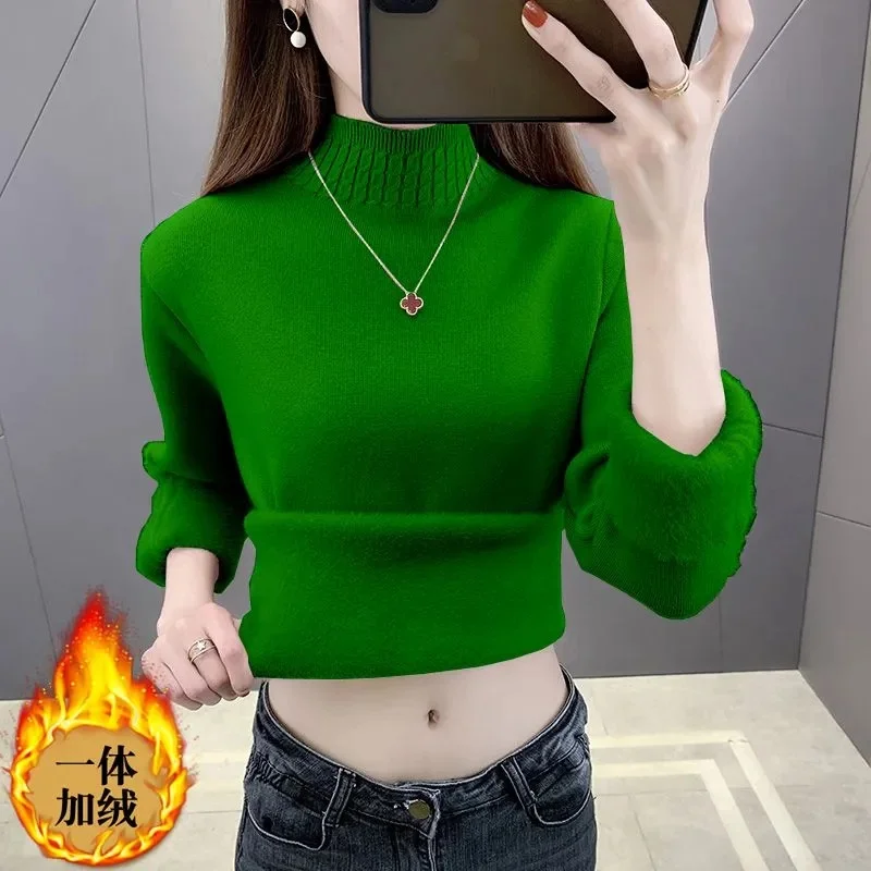 

2023 New Turtleneck Winter Sweater Women Elegant Thicken Velvet Lined Warm Sueter Knitted Pullover Slim Jersey Knitwe