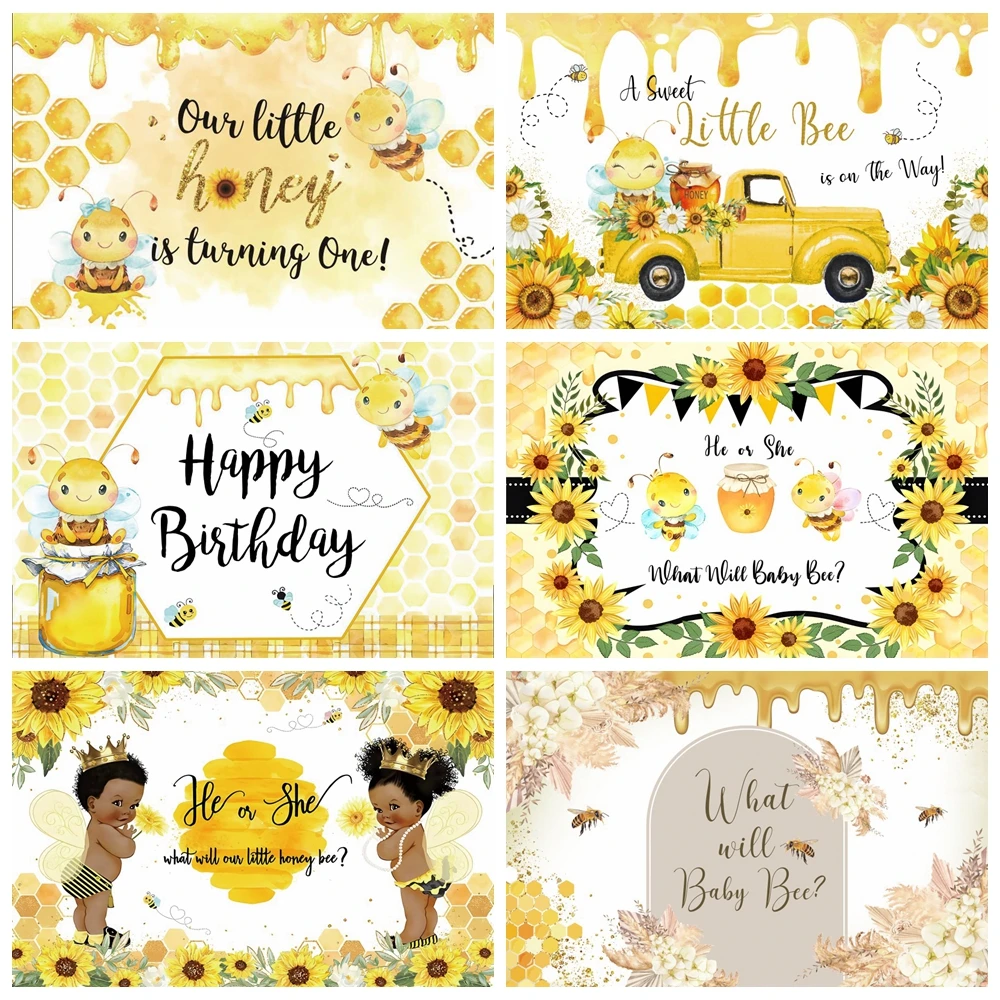 

Sweet Bee Backdrop Honey Sunflower Baby Shower Happy Birthday Party He or She Gender Reveal Photography Background Decor Banner